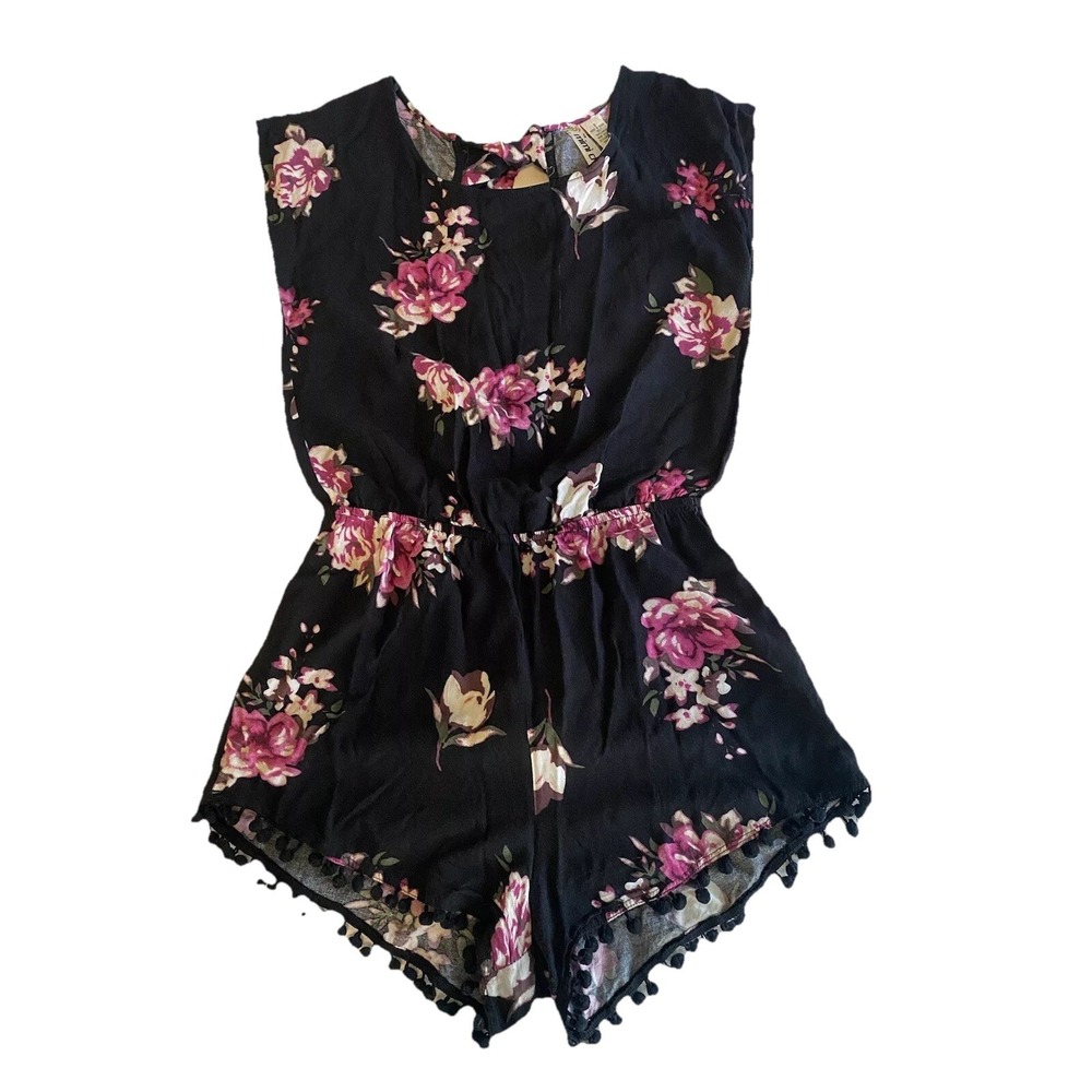 Mimi Chica Women's Romper Shorts Pom Trim Open Back Size S Black Floral Boho